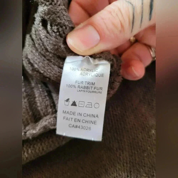 I.D.O La Vie | Long Brown Cardigan with Real Rabbit Fur Detail & String, Size L - Picture 6 of 7